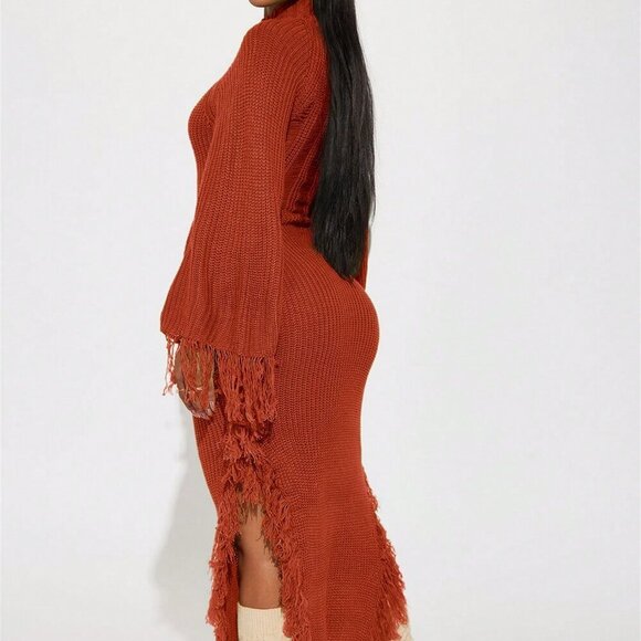 Rust Brown Casual Women's Fringe Trim Batwing Sweater maxi Dress - Picture 5 of 5
